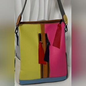 Colorblock Leather Crossbody Bag - Pink & Yellow